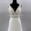 Modern Watteau Train Lace V Neck Illusion Backless Sleeveless Custom Wedding Dress Bride